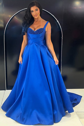 Sparkly Royal Blue A Line Satin Thick Straps Long Prom Dress with Beading
