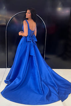 Sparkly Royal Blue A Line Satin Thick Straps Long Prom Dress with Beading
