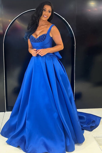 Sparkly Royal Blue A Line Satin Thick Straps Long Prom Dress with Beading