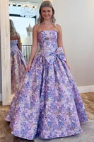 Load image into Gallery viewer, Purple Strapless Floral A Line Long Prom Dress with Bow
