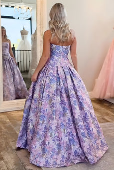 Purple Strapless Floral A Line Long Prom Dress with Bow