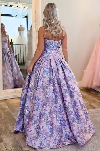 Purple Strapless Floral A Line Long Prom Dress with Bow