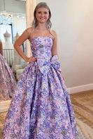 Load image into Gallery viewer, Purple Strapless Floral A Line Long Prom Dress with Bow