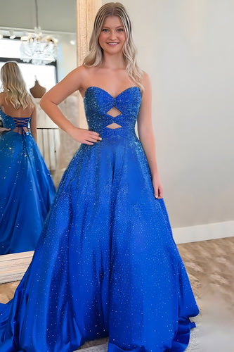 Sparkly Royal Blue Cut Out Sweetheart A Line Long Prom Dress with Beading
