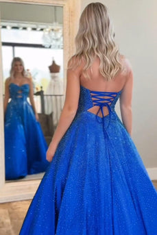Sparkly Royal Blue Cut Out Sweetheart A Line Long Prom Dress with Beading