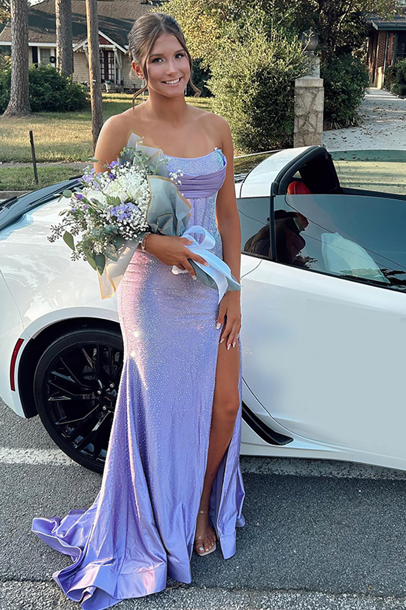 Load image into Gallery viewer, Sparkly Blue Strapless Mermaid Beaded Long Corset Prom Dress with Slit