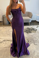 Load image into Gallery viewer, Sparkly Blue Strapless Mermaid Beaded Long Corset Prom Dress with Slit