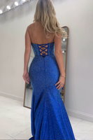 Load image into Gallery viewer, Sparkly Blue Strapless Mermaid Beaded Long Corset Prom Dress with Slit