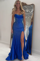 Load image into Gallery viewer, Sparkly Blue Strapless Mermaid Beaded Long Corset Prom Dress with Slit