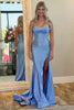 Load image into Gallery viewer, Sparkly Blue Strapless Mermaid Beaded Long Corset Prom Dress with Slit