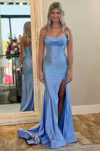 Sparkly Blue Strapless Mermaid Beaded Long Corset Prom Dress with Slit