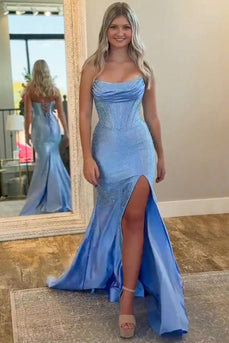 Sparkly Blue Strapless Mermaid Beaded Long Corset Prom Dress with Slit