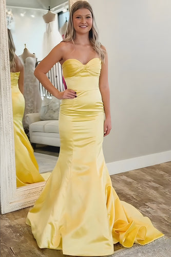 Yellow Mermaid Satin Sweetheart Long Prom Dress