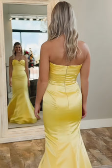Yellow Mermaid Satin Sweetheart Long Prom Dress