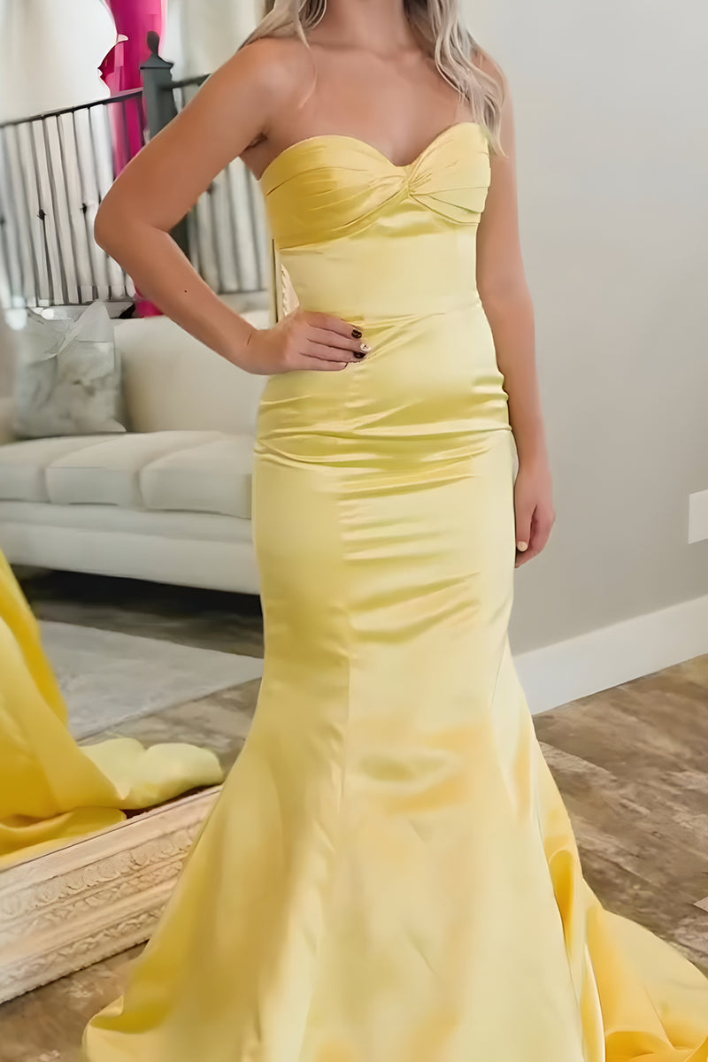 Load image into Gallery viewer, Yellow Mermaid Satin Sweetheart Long Prom Dress