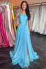 Load image into Gallery viewer, Blue A Line One Shoulder Beaded Long Prom Dress with Slit