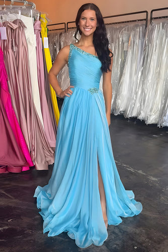 Blue A Line One Shoulder Beaded Long Prom Dress with Slit