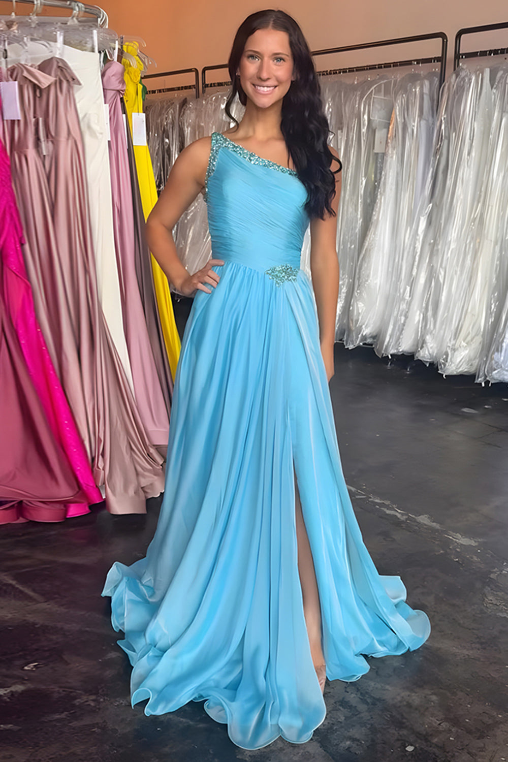Blue A Line One Shoulder Beaded Long Prom Dress with Slit