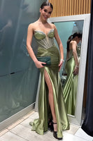 Load image into Gallery viewer, Sage Green Satin Beaded Mermaid Long Corset Prom Dress with Slit