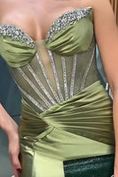 Load image into Gallery viewer, Sage Green Satin Beaded Mermaid Long Corset Prom Dress with Slit