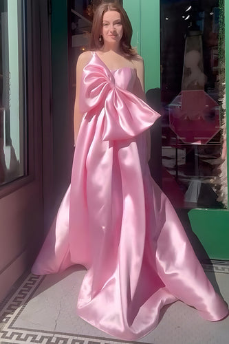 Pink A Line Satin One Shoulder Long Prom Dress with Bow