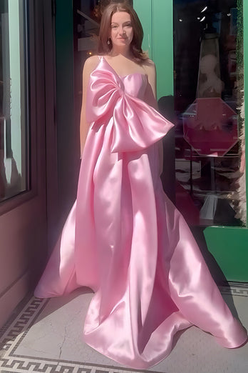 Pink A Line Satin One Shoulder Long Prom Dress with Bow