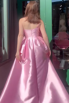 Pink A Line Satin One Shoulder Long Prom Dress with Bow