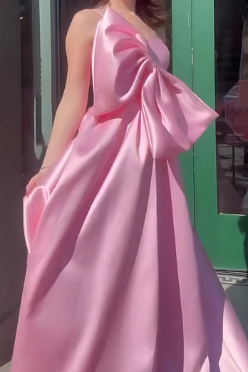 Pink A Line Satin One Shoulder Long Prom Dress with Bow