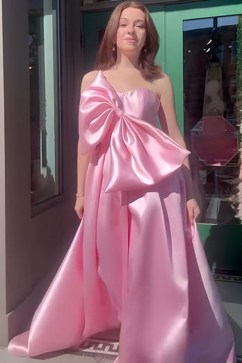 Pink A Line Satin One Shoulder Long Prom Dress with Bow