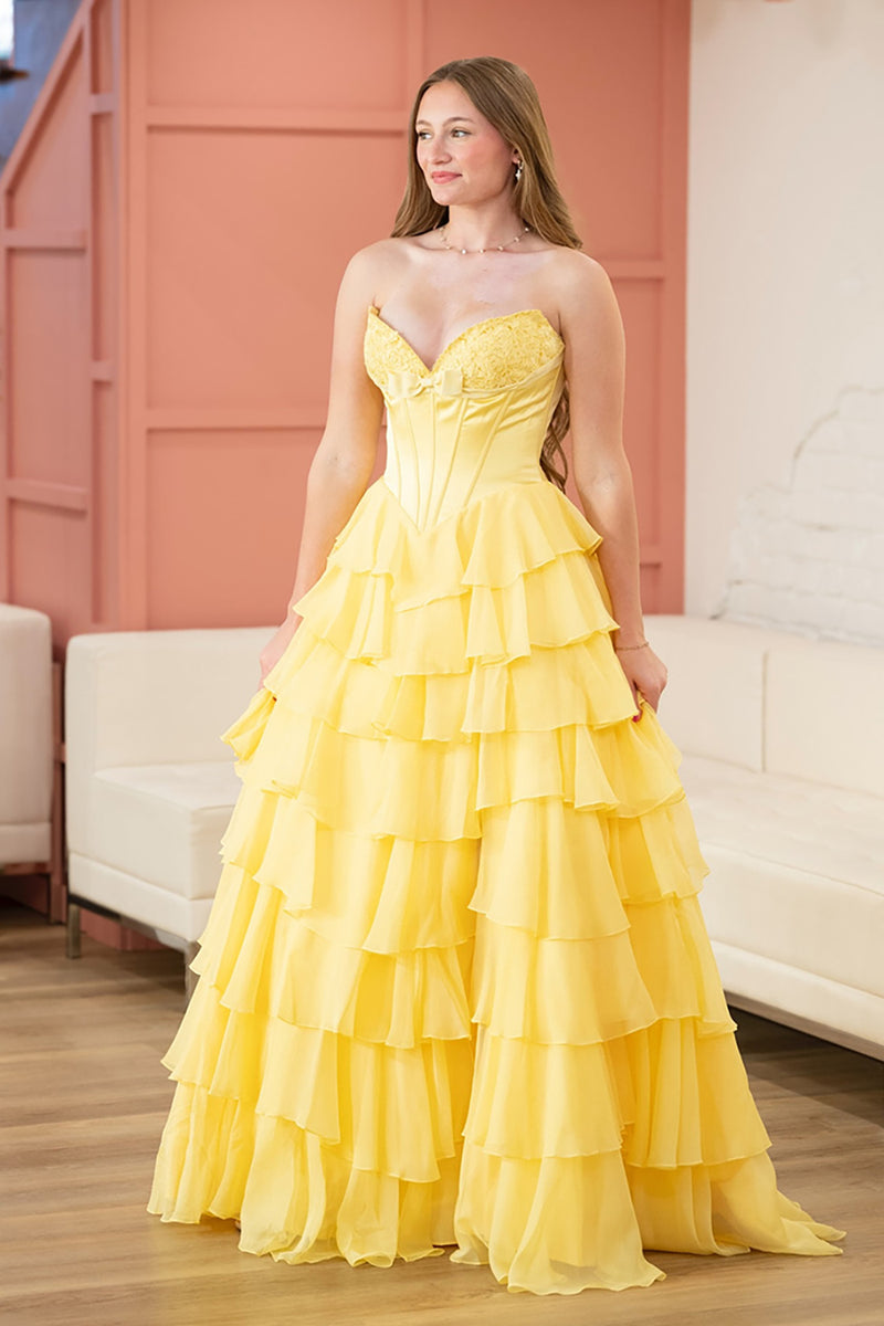 Load image into Gallery viewer, Fuchsia Tiered A Line Strapless Long Corset Prom Dress with Slit