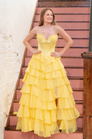 Load image into Gallery viewer, Fuchsia Tiered A Line Strapless Long Corset Prom Dress with Slit