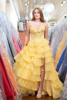 Load image into Gallery viewer, Fuchsia Tiered A Line Strapless Long Corset Prom Dress with Slit