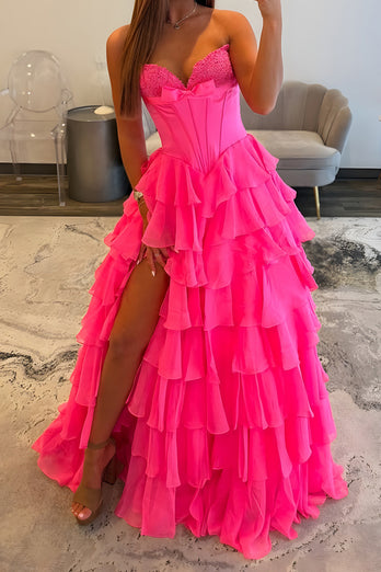 Fuchsia Tiered A Line Strapless Long Corset Prom Dress with Slit