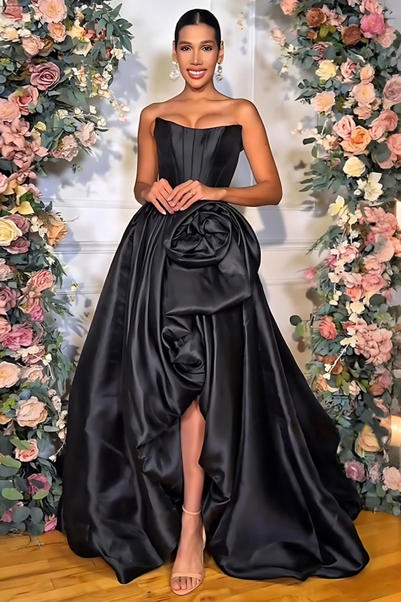 Load image into Gallery viewer, Blush Satin A Line Strapless Long Corset Prom Dress with 3D Flower