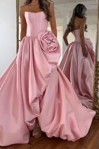 Blush Satin A Line Strapless Long Corset Prom Dress with 3D Flower