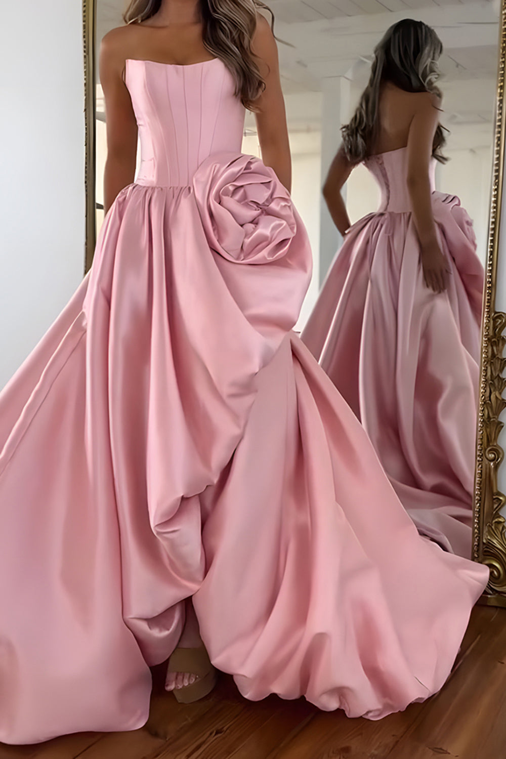 Blush Satin A Line Strapless Long Corset Prom Dress with 3D Flower