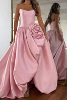 Load image into Gallery viewer, Blush Satin A Line Strapless Long Corset Prom Dress with 3D Flower
