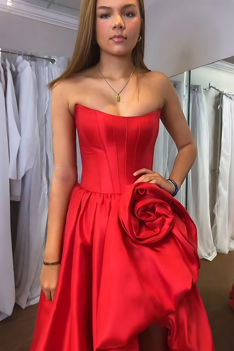 Load image into Gallery viewer, Blush Satin A Line Strapless Long Corset Prom Dress with 3D Flower