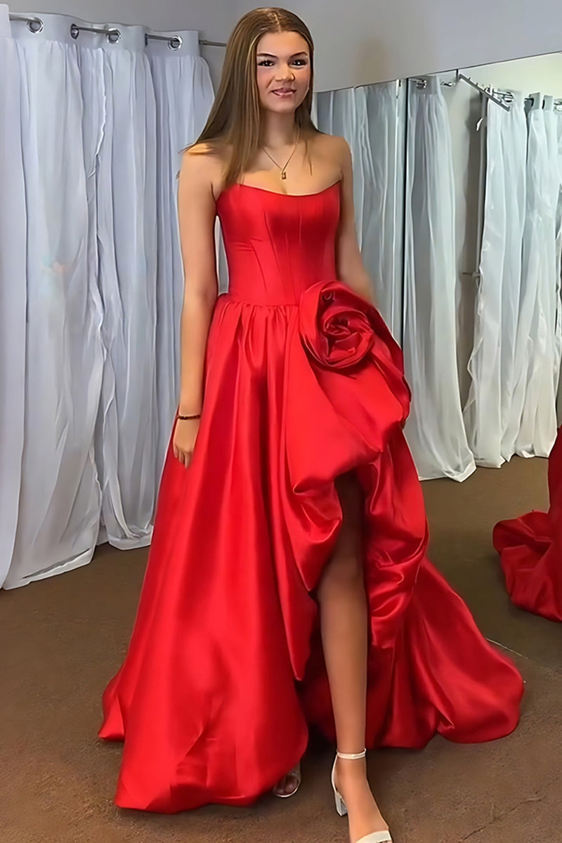 Load image into Gallery viewer, Blush Satin A Line Strapless Long Corset Prom Dress with 3D Flower