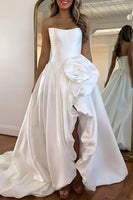 Load image into Gallery viewer, Blush Satin A Line Strapless Long Corset Prom Dress with 3D Flower