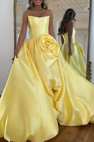 Load image into Gallery viewer, Blush Satin A Line Strapless Long Corset Prom Dress with 3D Flower