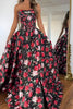 Load image into Gallery viewer, Black and Red A Line Floral Satin Strapless Long Corset Prom Dress with Slit
