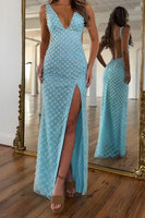 Load image into Gallery viewer, Blue V-Neck Pearls Sheath Long Prom Dress with Slit