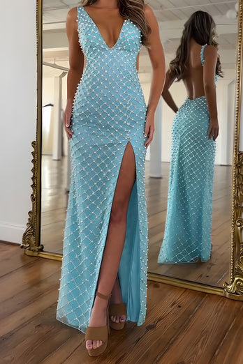 Blue V-Neck Pearls Sheath Long Prom Dress with Slit