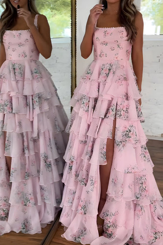 Pink A Line Floral Tiered Spaghetti Straps Long Prom Dress with Slit
