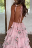 Load image into Gallery viewer, Pink A Line Floral Tiered Spaghetti Straps Long Prom Dress with Slit