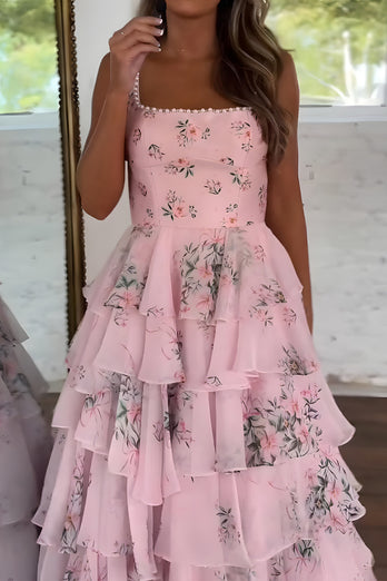 Pink A Line Floral Tiered Spaghetti Straps Long Prom Dress with Slit