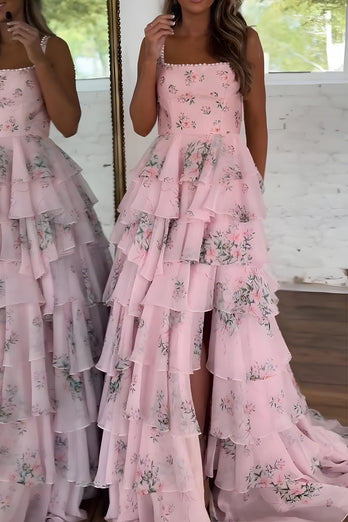 Pink A Line Floral Tiered Spaghetti Straps Long Prom Dress with Slit