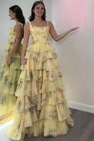 Load image into Gallery viewer, Pink A Line Floral Tiered Spaghetti Straps Long Prom Dress with Slit