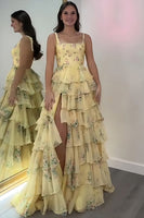 Load image into Gallery viewer, Pink A Line Floral Tiered Spaghetti Straps Long Prom Dress with Slit